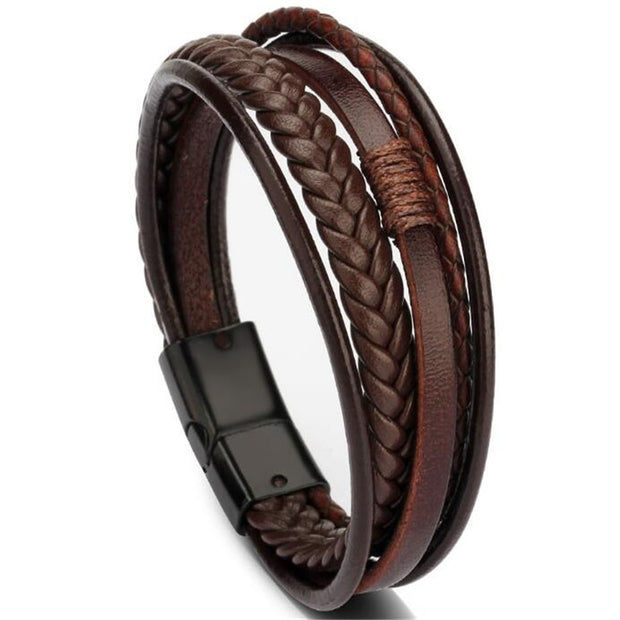 Genuine Leather and Stainless Steel Multilayer Braided Rope Bracelets