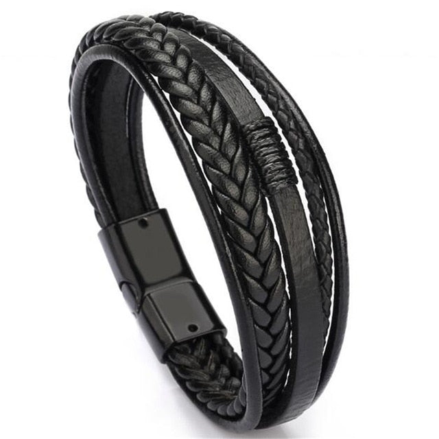 Genuine Leather and Stainless Steel Multilayer Braided Rope Bracelets