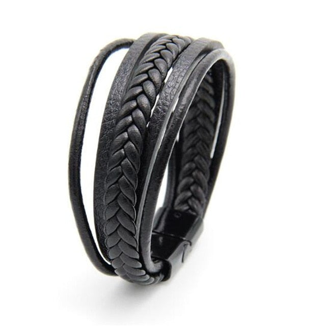 Genuine Leather and Stainless Steel Multilayer Braided Rope Bracelets