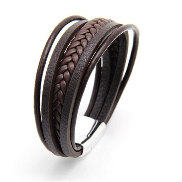 Genuine Leather and Stainless Steel Multilayer Braided Rope Bracelets