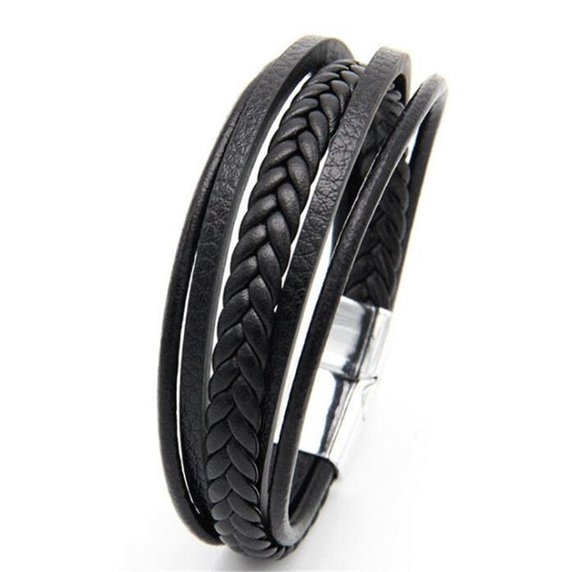 Genuine Leather and Stainless Steel Multilayer Braided Rope Bracelets