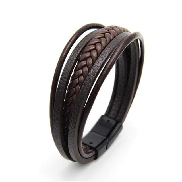 Genuine Leather and Stainless Steel Multilayer Braided Rope Bracelets