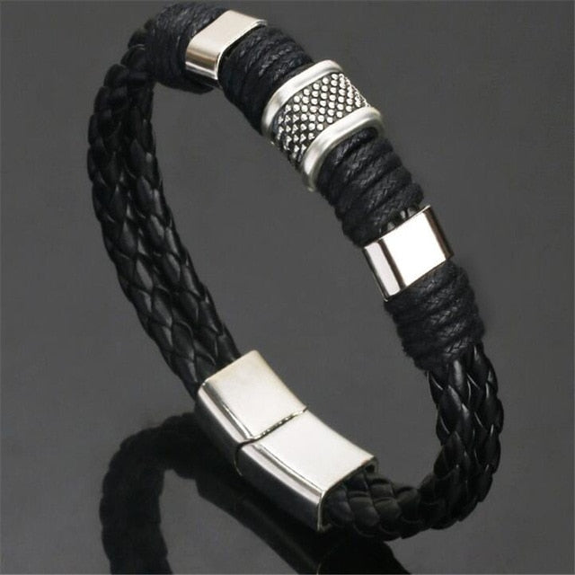 Genuine Leather and Stainless Steel Multilayer Braided Rope Bracelets