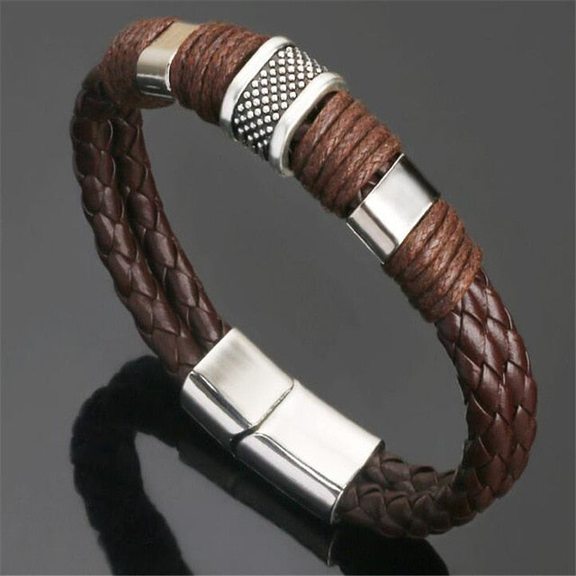 Genuine Leather and Stainless Steel Multilayer Braided Rope Bracelets