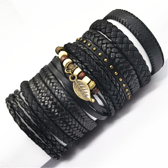 10pcs/set Black Wrap Woven New Fashion Handmade Leather Bracelets