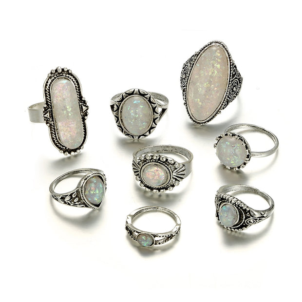 8pcs/Set Vintage Antique Silver Color Rings Opal Stone