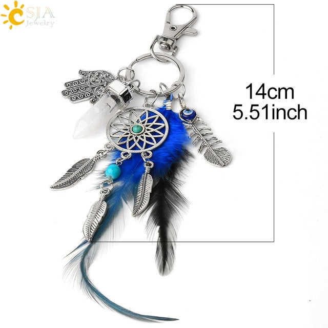 CSJA Dream Catcher Keychains Blue Feather Tassel Hamsa Hand Evil Eye Keyring for Wall Car Hanging Decor Amulet Boho Jewelry G496