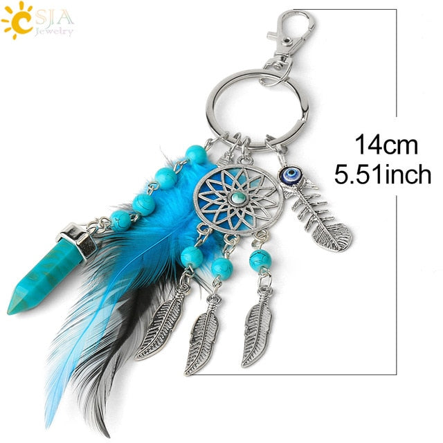 CSJA Dream Catcher Keychains Blue Feather Tassel Hamsa Hand Evil Eye Keyring for Wall Car Hanging Decor Amulet Boho Jewelry G496