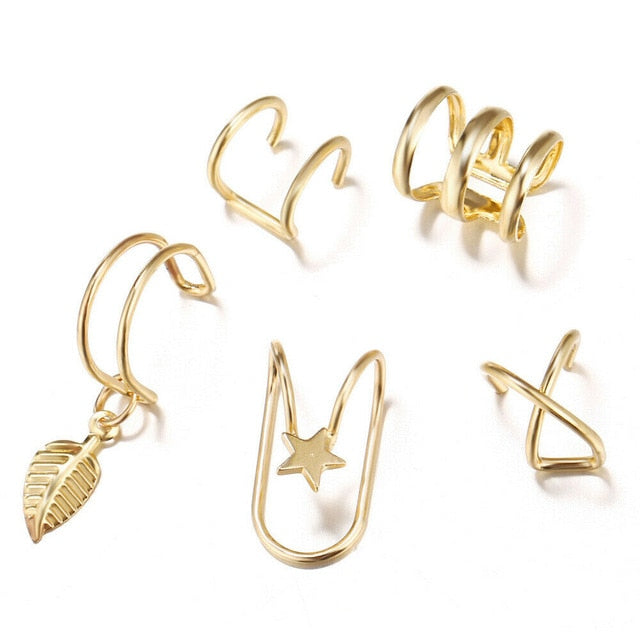 5Pcs/Set Ear Cuff Gold Leaves Non-Piercing Ear Clips