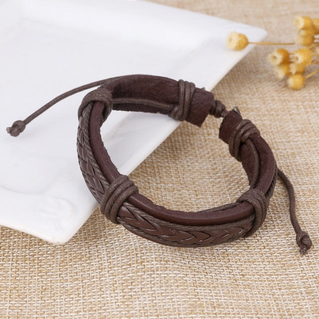 Genuine Leather and Stainless Steel Multilayer Braided Rope Bracelets