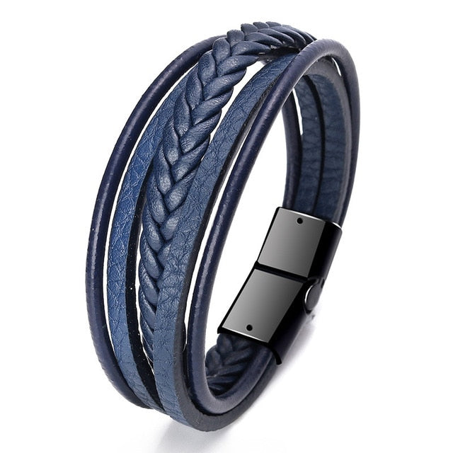 Genuine Leather and Stainless Steel Multilayer Braided Rope Bracelets