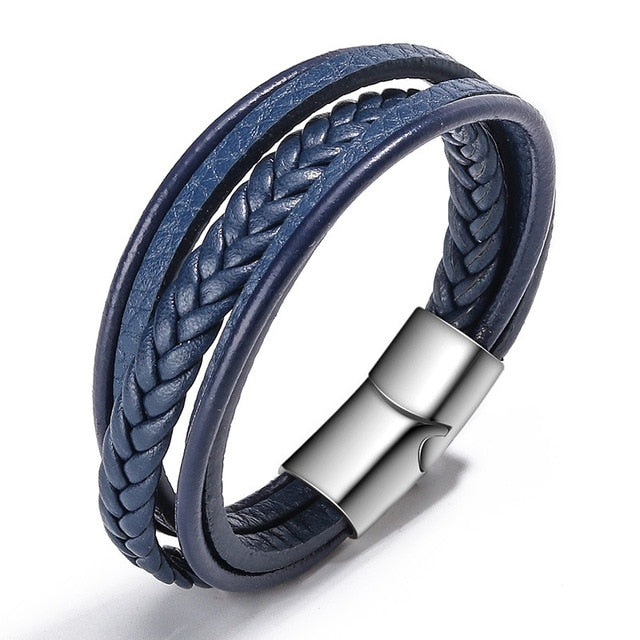Genuine Leather and Stainless Steel Multilayer Braided Rope Bracelets