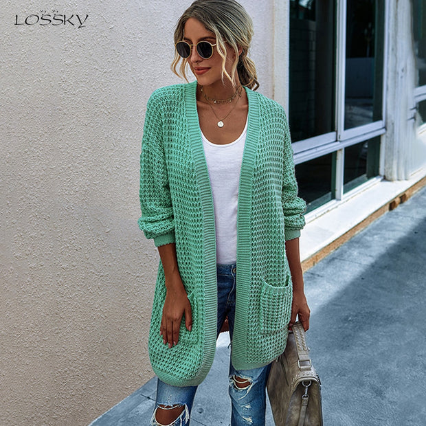 Long Sweater Cardigan Women Casual Long Sleeve Knitted Cardigans Tops Warm Autumn Winter Green Womans Clothes Fall 2020 Fashion