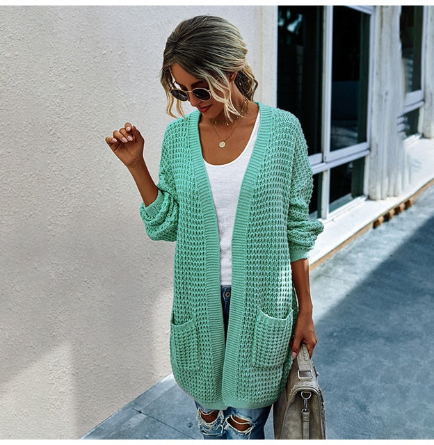 Long Sweater Cardigan Women Casual Long Sleeve Knitted Cardigans Tops Warm Autumn Winter Green Womans Clothes Fall 2020 Fashion