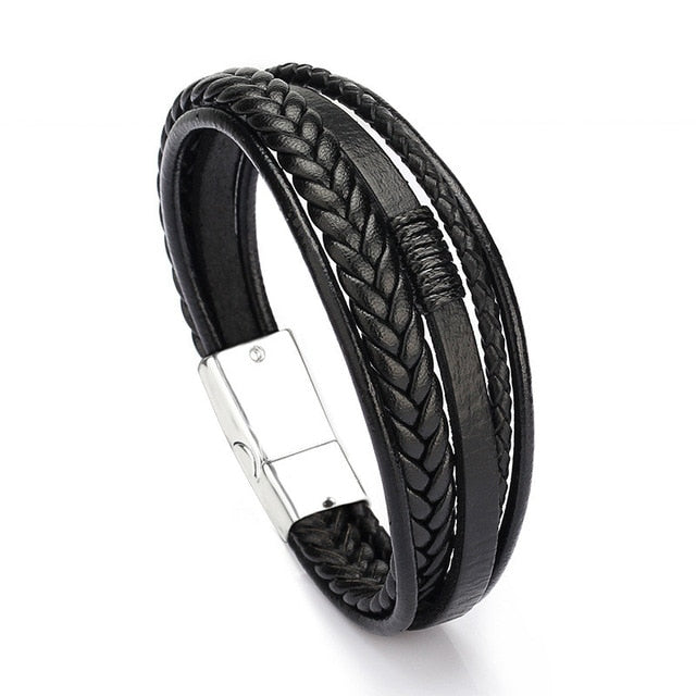 Genuine Leather and Stainless Steel Multilayer Braided Rope Bracelets