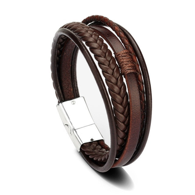 Genuine Leather and Stainless Steel Multilayer Braided Rope Bracelets
