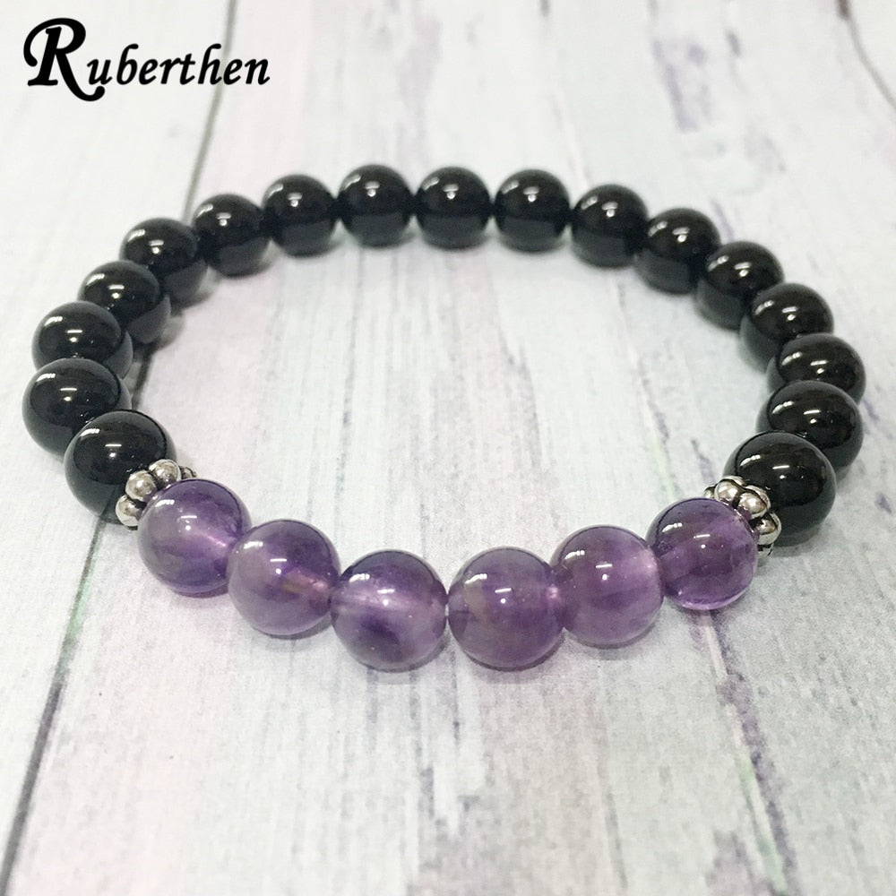 8mm Black Onyx Crystal Bracelet Purple Amethyst Bracelet Energizing the Heart Chakra Yoga Jewelry