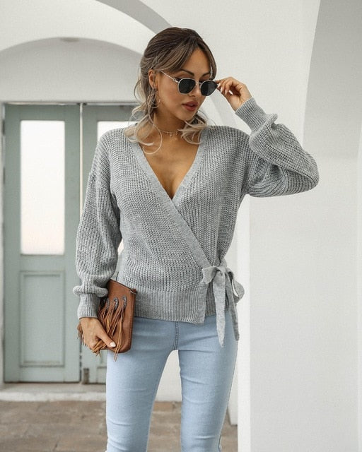 Women's Fashion Casual V-neck Lace Knit Sweater Pullover
