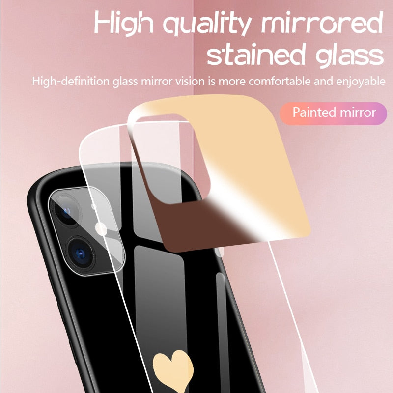 Oval Heart-shaped Tempered Glass & Makeup Mirror Phone Case For iPhone 12 11 Pro Max X