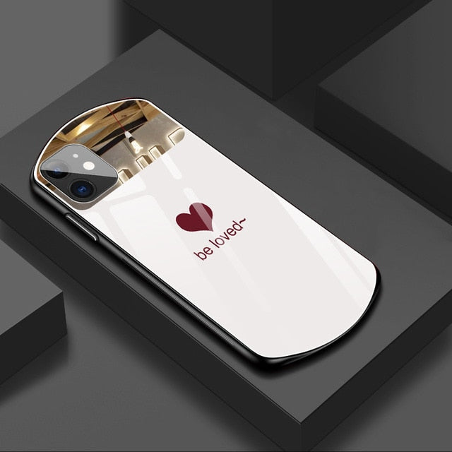 Oval Heart-shaped Tempered Glass & Makeup Mirror Phone Case For iPhone 12 11 Pro Max X