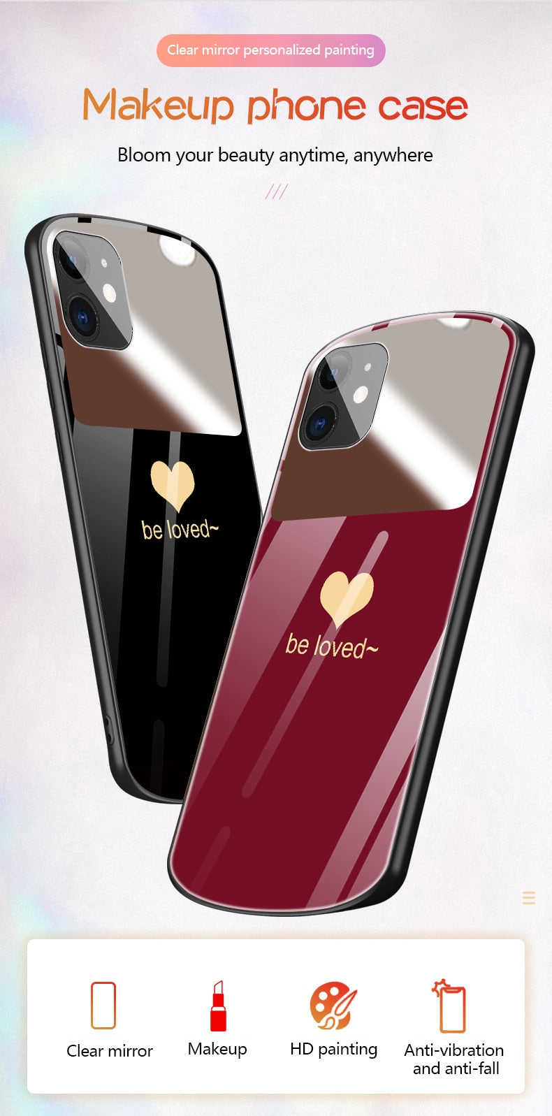 Oval Heart-shaped Tempered Glass & Makeup Mirror Phone Case For iPhone 12 11 Pro Max X