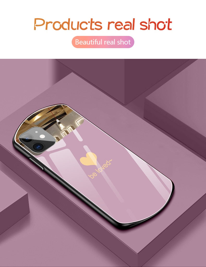 Oval Heart-shaped Tempered Glass & Makeup Mirror Phone Case For iPhone 12 11 Pro Max X